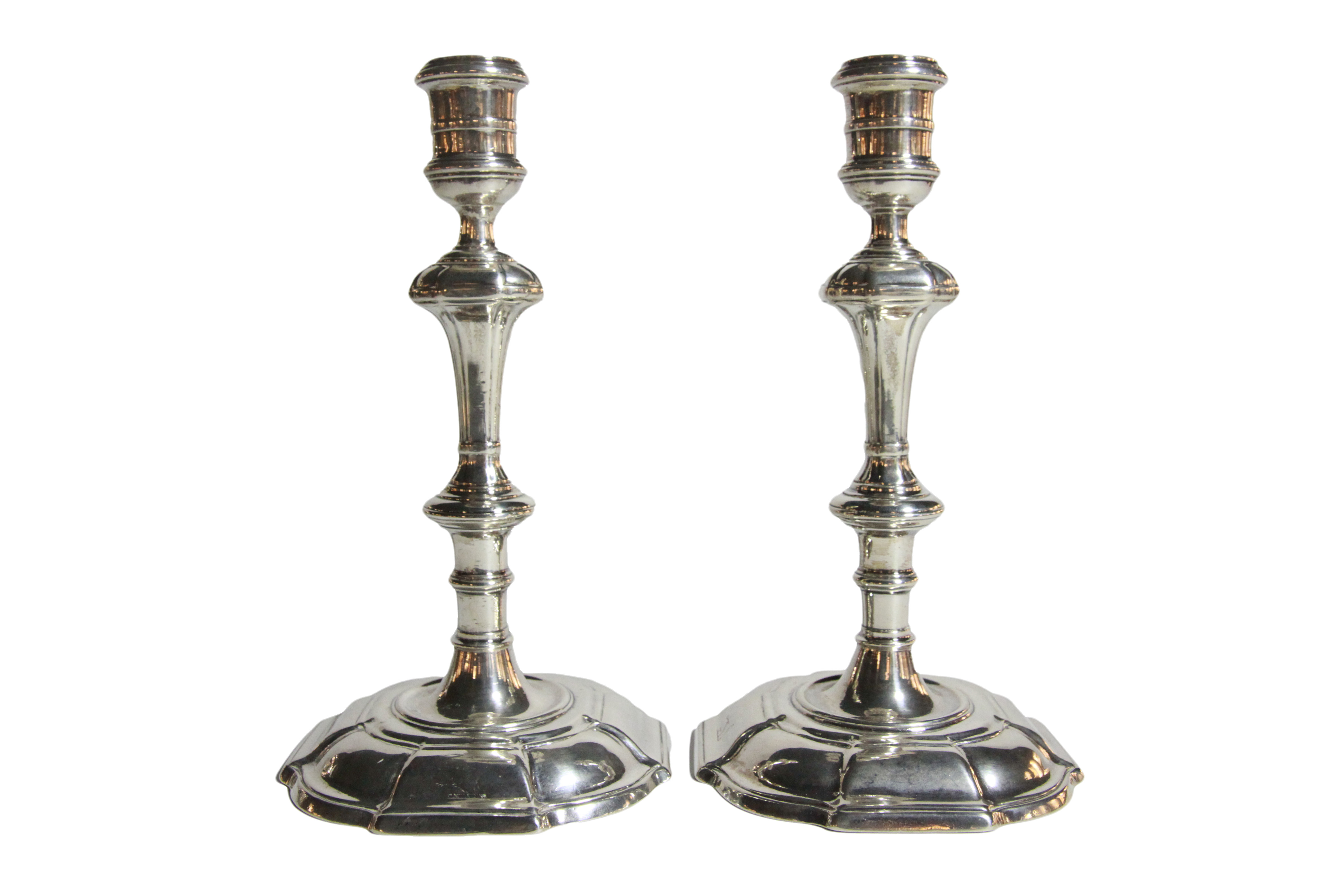 A fine & rare pair of 18th century Guernsey silver George II candlesticks, Henry Guillame