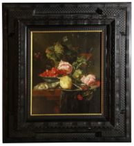 Still life of fruit upon a serving table, oil on panel, possibly Italian, possible early 18th