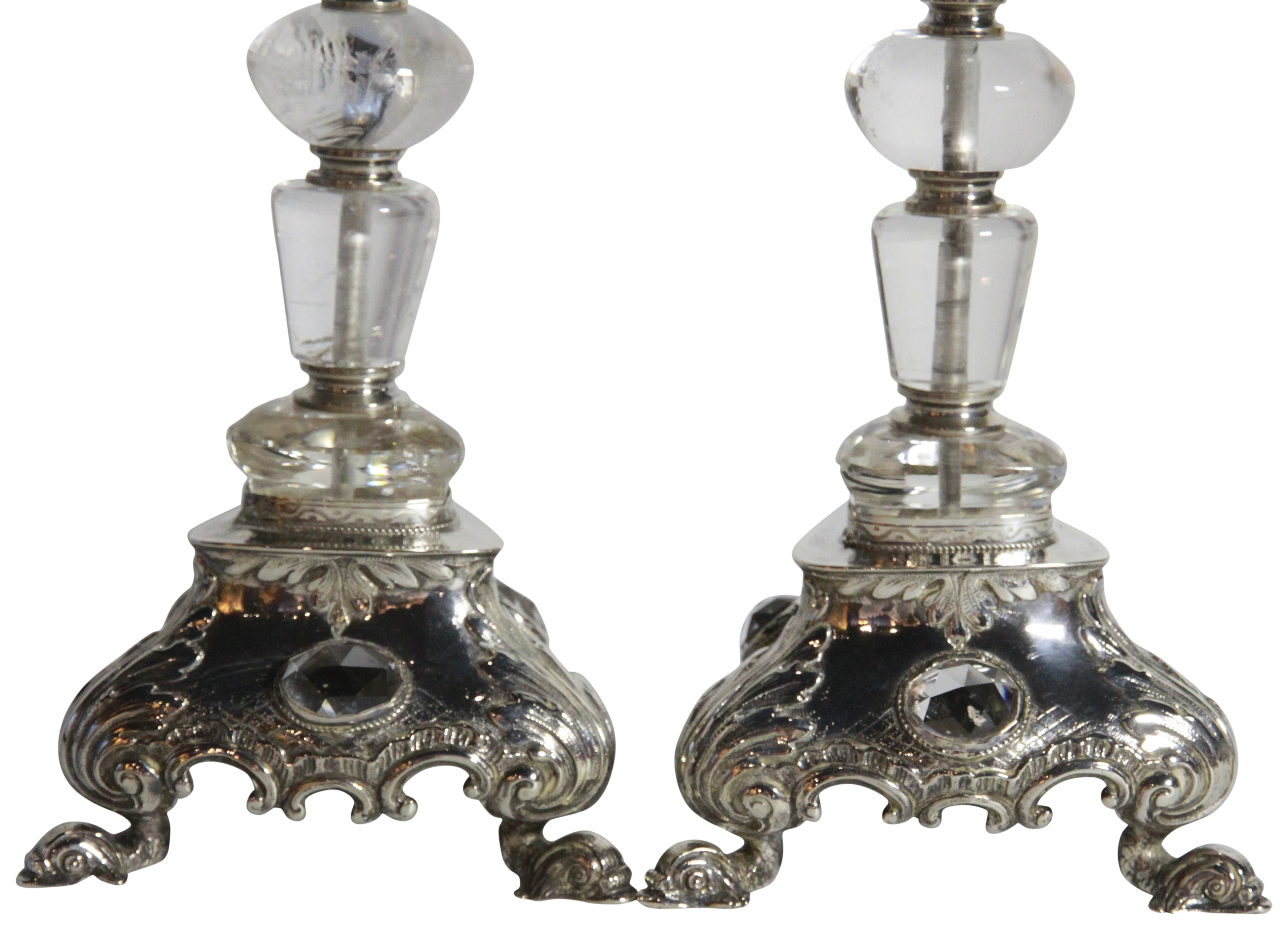 A pair of German Montain crystal candlesticks upon silver bases also with facit glass stone - Image 2 of 5