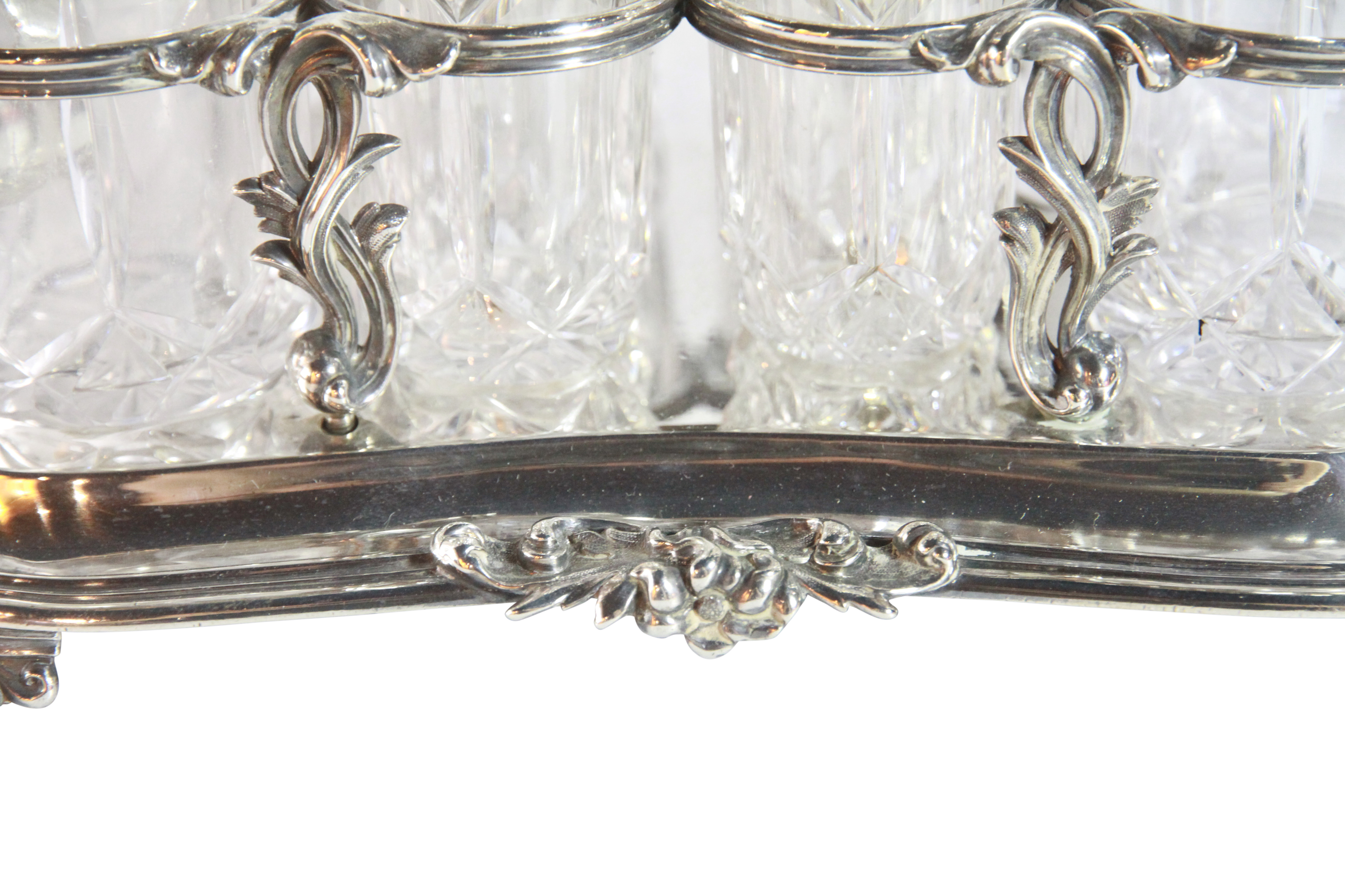 A Victorian silver & glass cruet set. 8 cruets upon a silver base - Rawlings & Summers 1839, (L: - Image 3 of 5