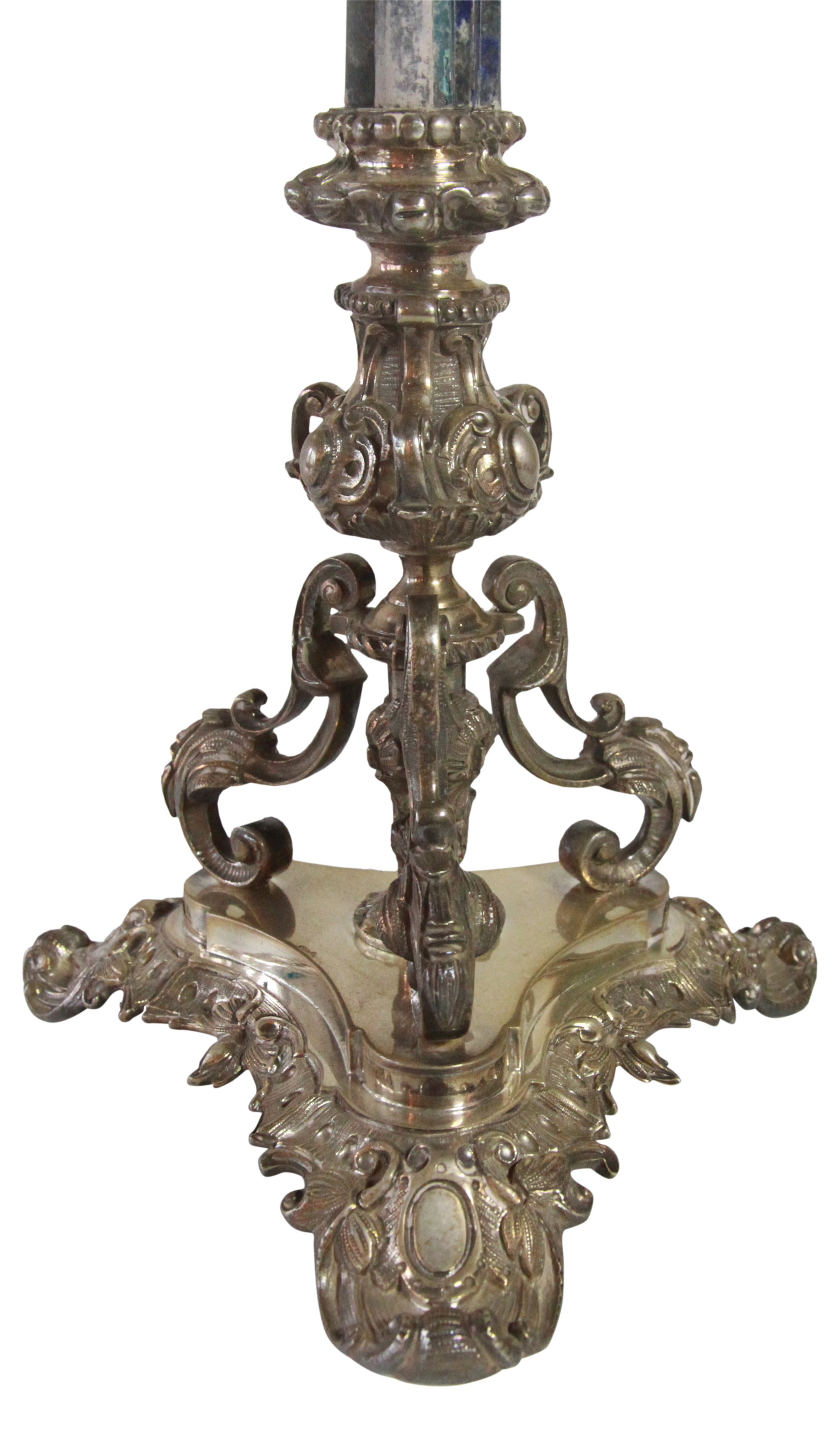A pair of elaborate Italian silver four light candlesticks having Lapis Lazuli columns upon scrolled - Image 2 of 6