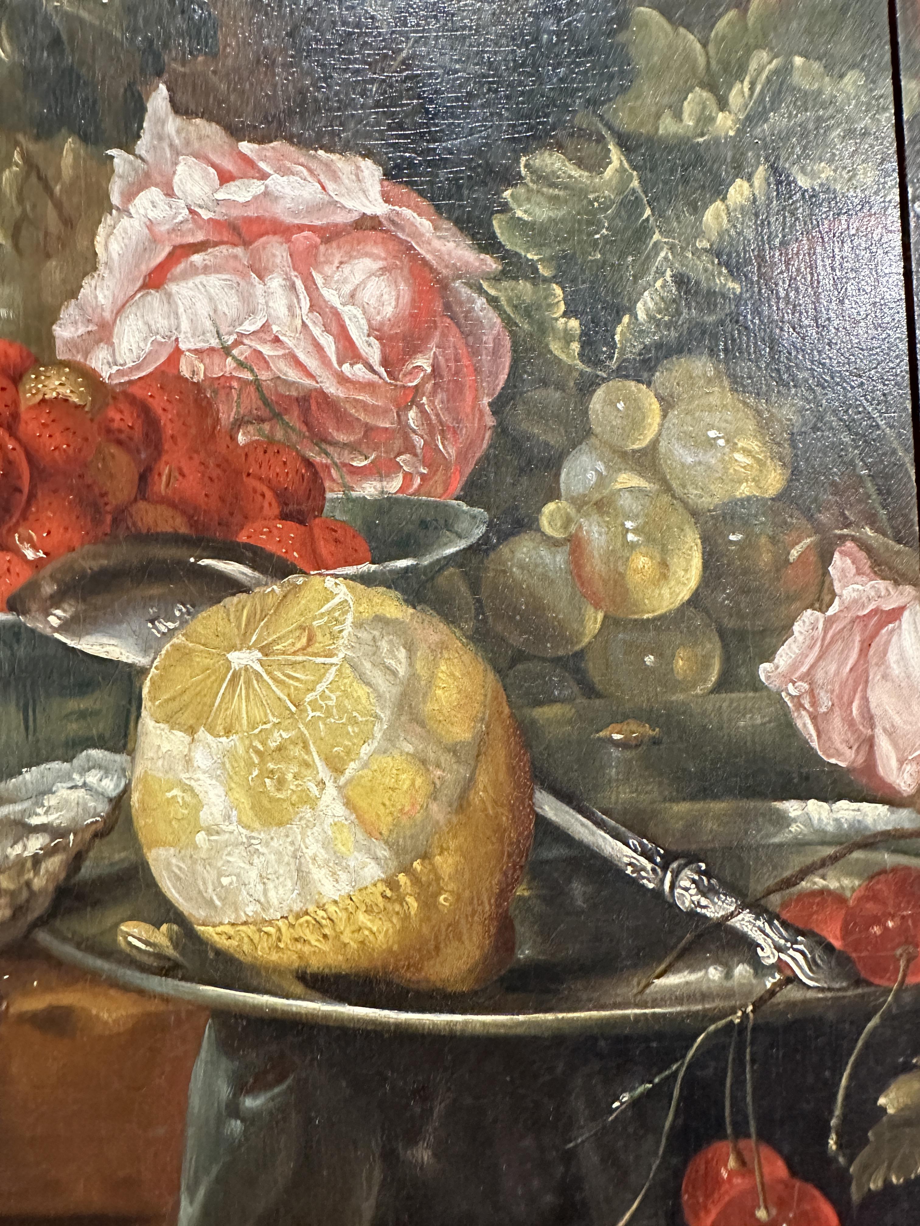 Still life of fruit upon a serving table, oil on panel, possibly Italian, possible early 18th - Image 6 of 9