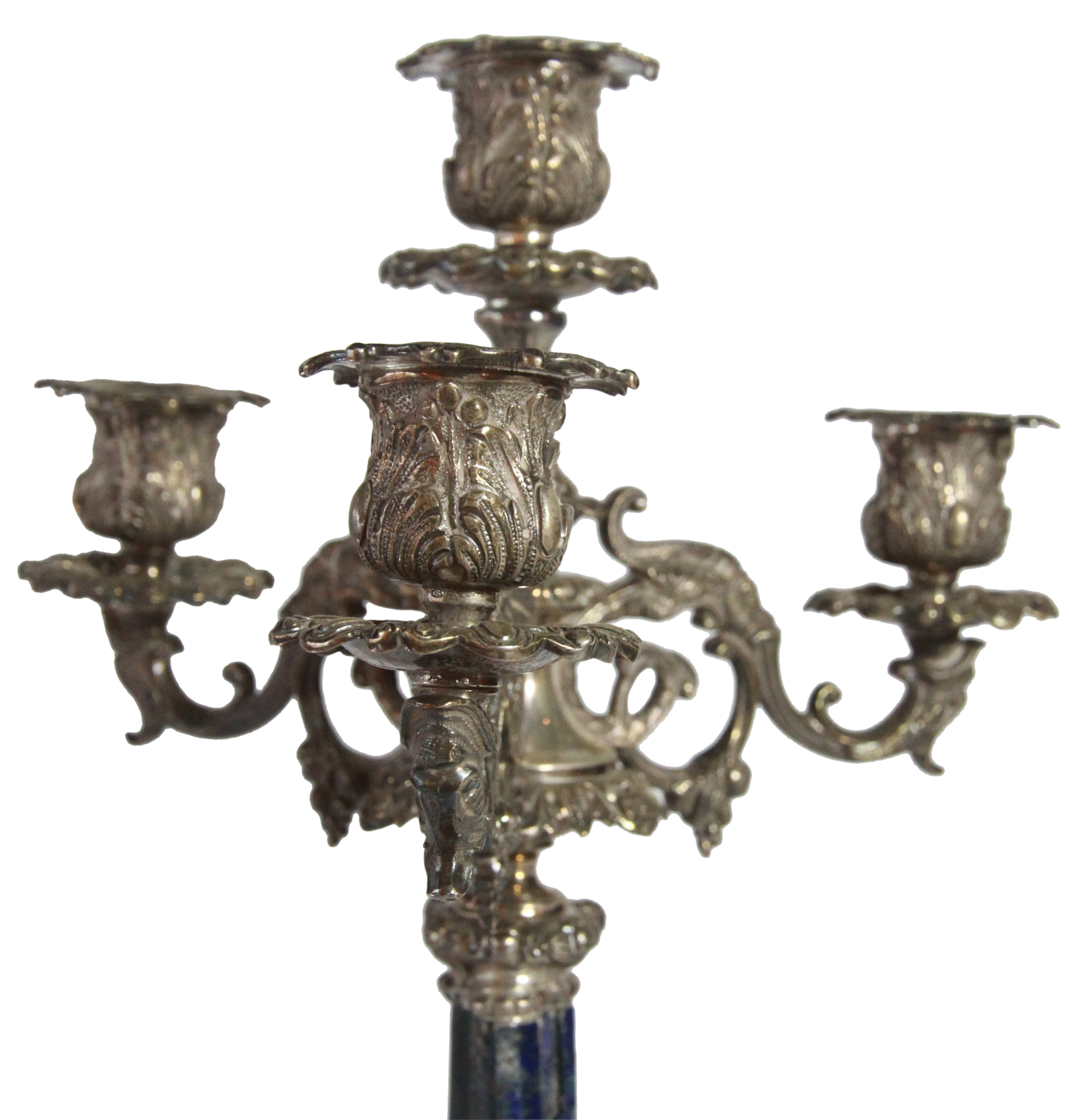 A pair of elaborate Italian silver four light candlesticks having Lapis Lazuli columns upon scrolled - Image 4 of 6
