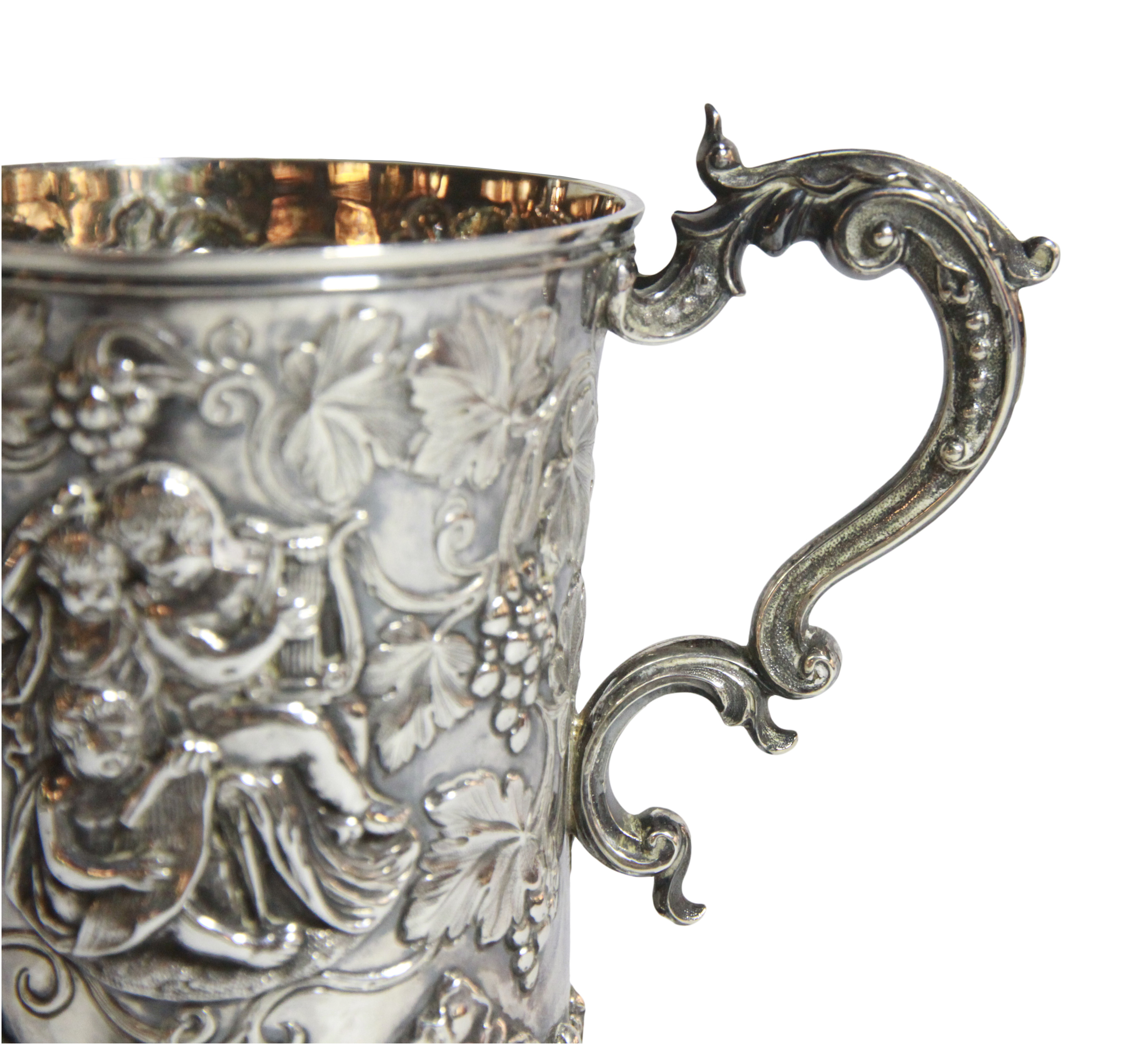 A superb silver beaker/ cup with cherub vine scrolled decoration upon four Roco scrolled feet, - Image 3 of 8