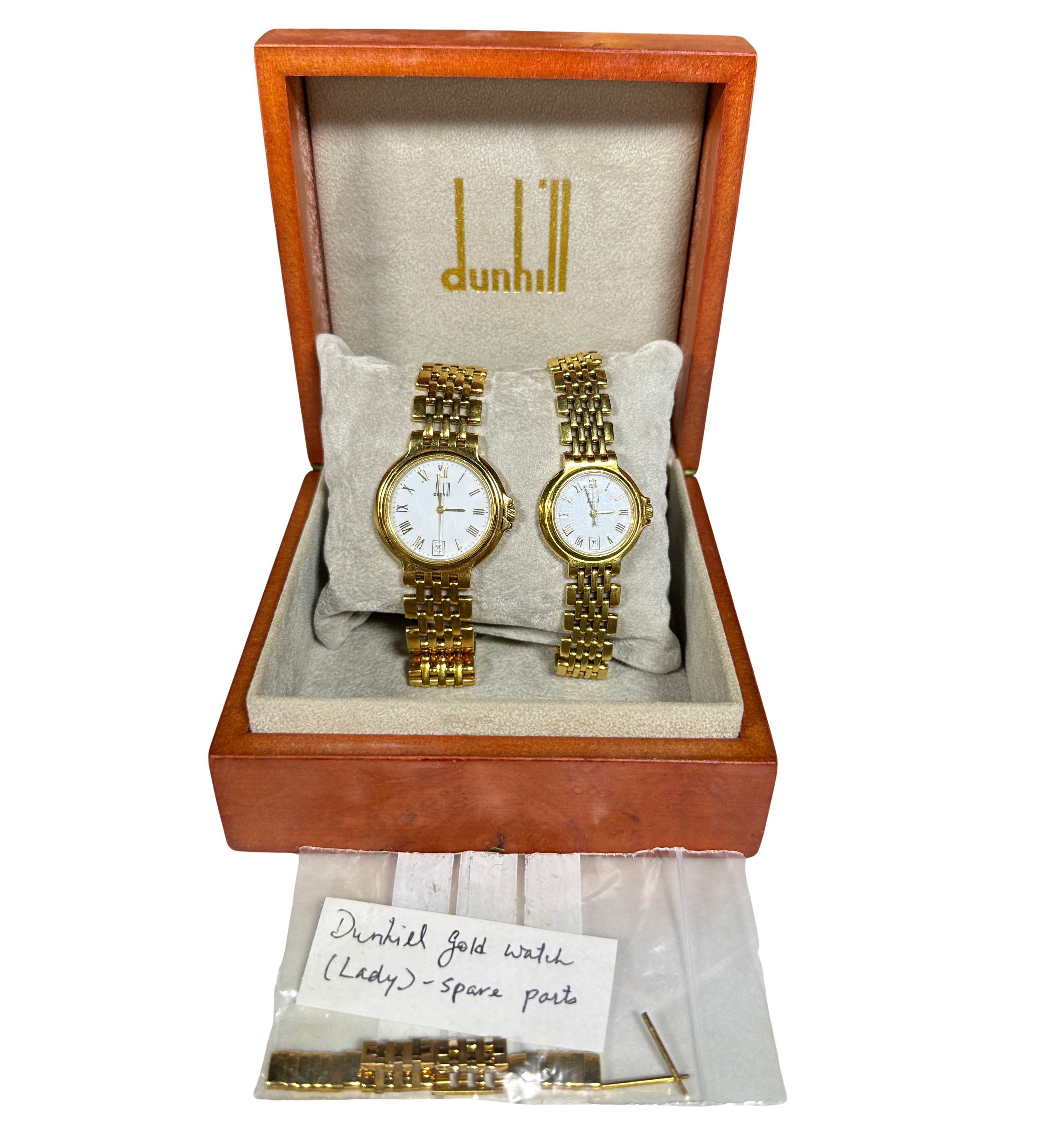A pair of 18ct gold, gents & ladies, Dunhill Wristwatches with white dials & date appature with gate