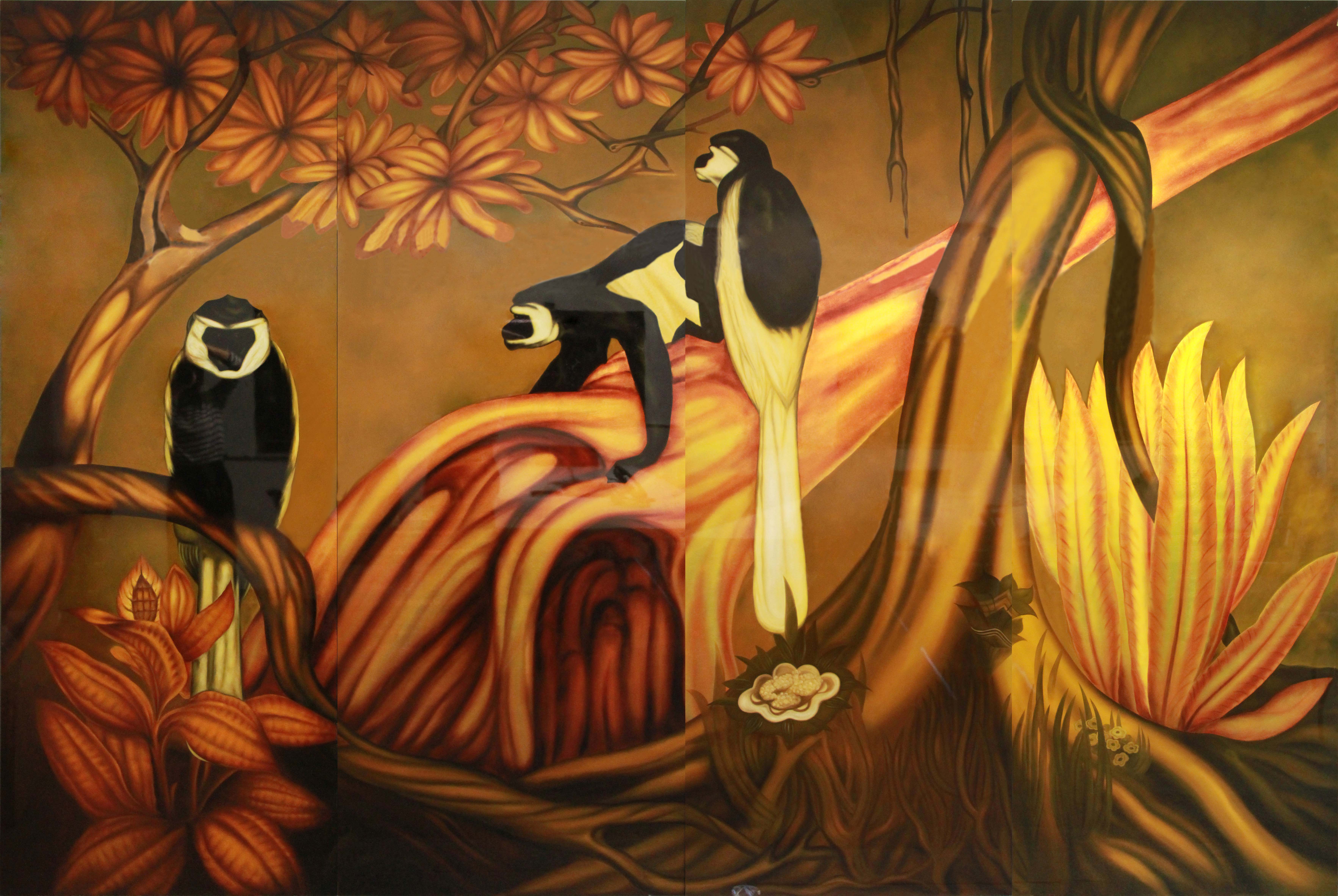 GASTON PRIOU, A superb 1940's decorative 4 panels lacquered art piece depicting colobus monkeys