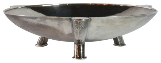 By Hugo Bohm a art deco silver arts fruit bowl upon 3 stylised feet. (30cm Diameter) (77 grams),