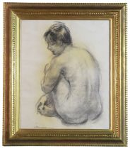 A charcoal study of a female nude seated, (canvas: H: 53.5, W: 44.5 cm), signed lower left,