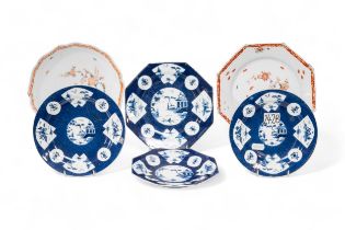 FOUR BOW POWDER BLUE PLATES AND TWO QUAIL PLATES Mid 18th century, 23cms wide