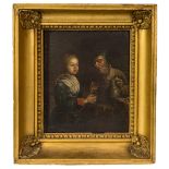 A 18TH CENTURY TAVERN SCENE OIL PAINTING ON CANVAS, mounted on a chamfered panel, the continental