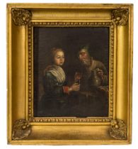 A 18TH CENTURY TAVERN SCENE OIL PAINTING ON CANVAS, mounted on a chamfered panel, the continental