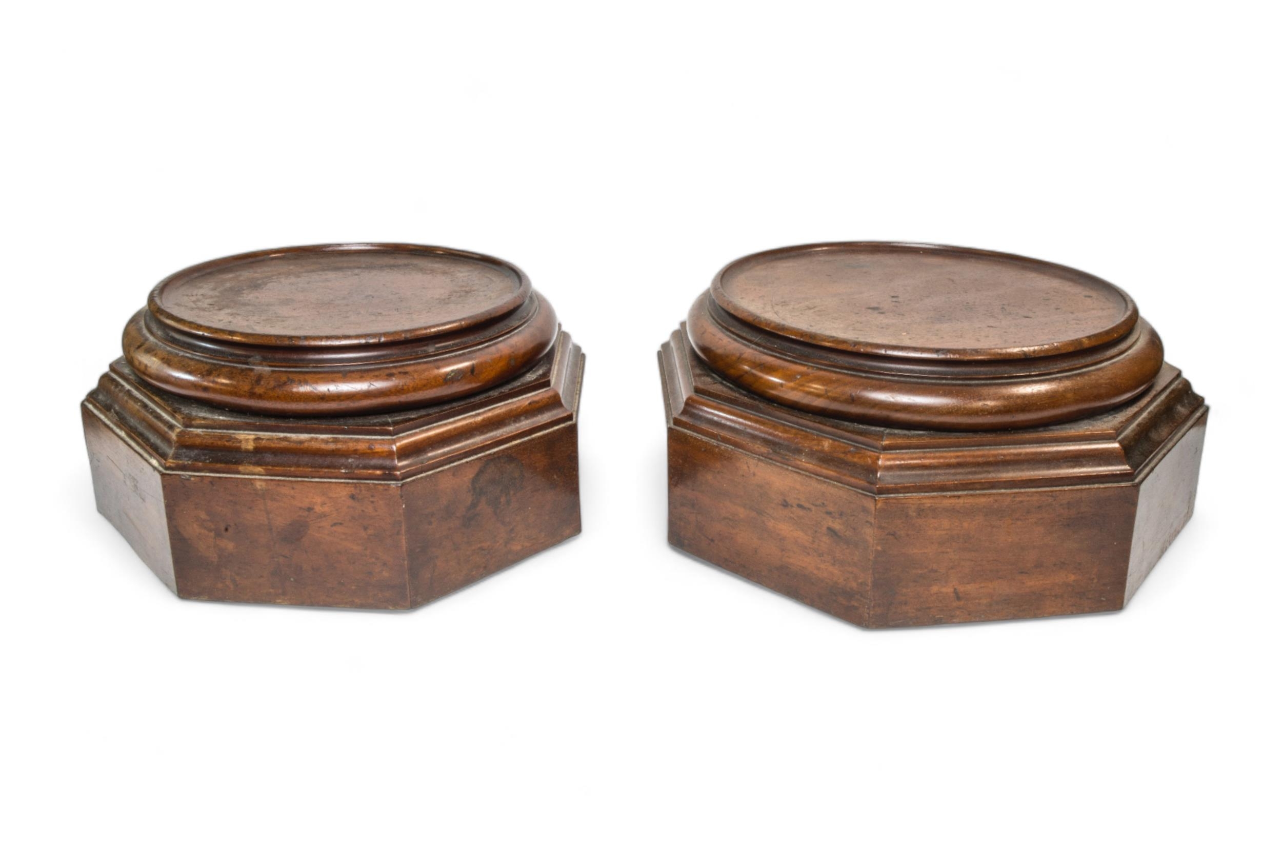 A PAIR OF 19TH CENTURY HEXAGONAL MAHOGANY PLINTHS WITH CIRCULAR TOPS and a small rectangular - Image 2 of 3