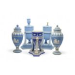 A PAIR OF WEDGWOOD JASPER CASSOLETTE Late 18th century, together with the base of a cassolette and