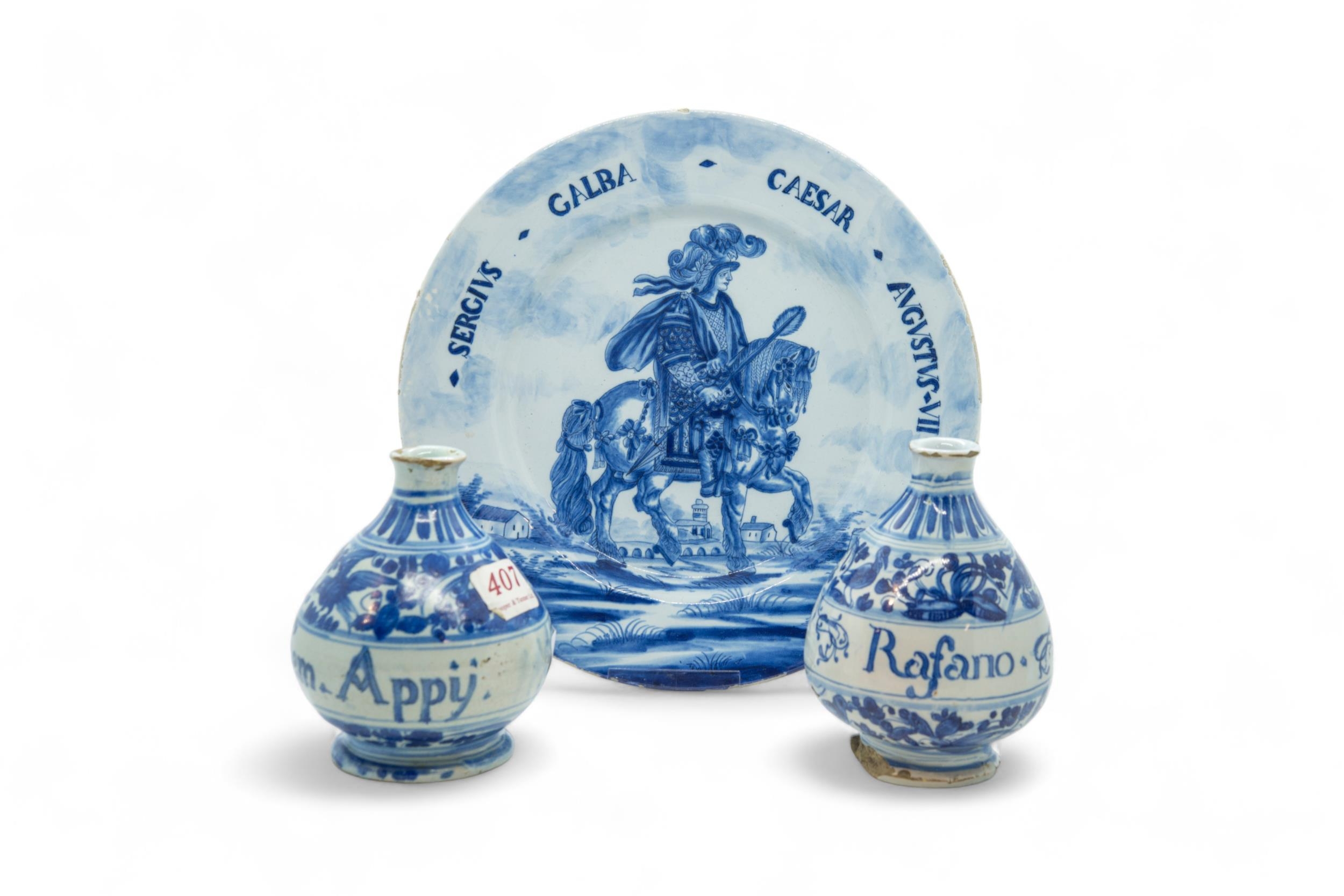 TWO PHARMACY BOTTLES 17th / 18th century, together with a Savona plate inscribed 'SERGIVS GALBA