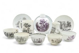 A GROUP OF EARLY WORCSETER PRINTED PORCELAINS 1760s, including a 'Whitton Anglers' tankard, a