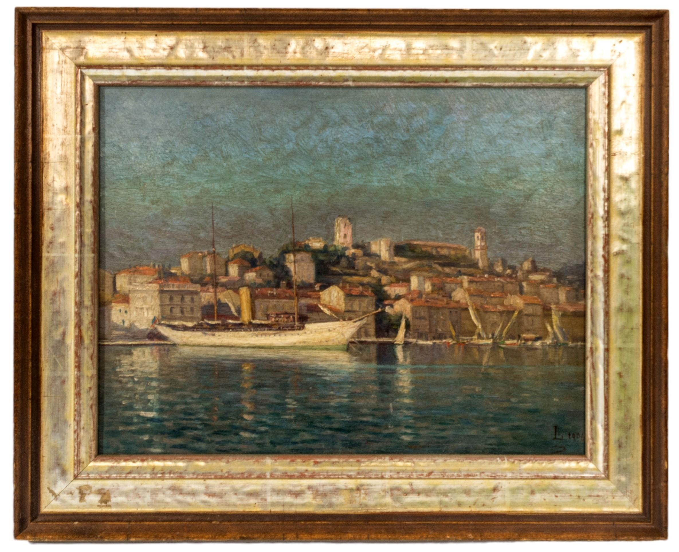 A MEDITERRANEAN HARBOUR SCENE OIL PAINTING, EARLY 20TH CENTURY, depicting a single funnel ship