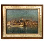A MEDITERRANEAN HARBOUR SCENE OIL PAINTING, EARLY 20TH CENTURY, depicting a single funnel ship
