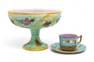 A GEORGE JONES MAJOLICA CUP AND SAUCER Late 19th century, together with a majolica tazza, tazza is