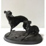 AFTER PIERRE JULES MENE (1810-1879) BRONZE GROUP OF TWO HOUNDS, modelled playing with a ball, raised