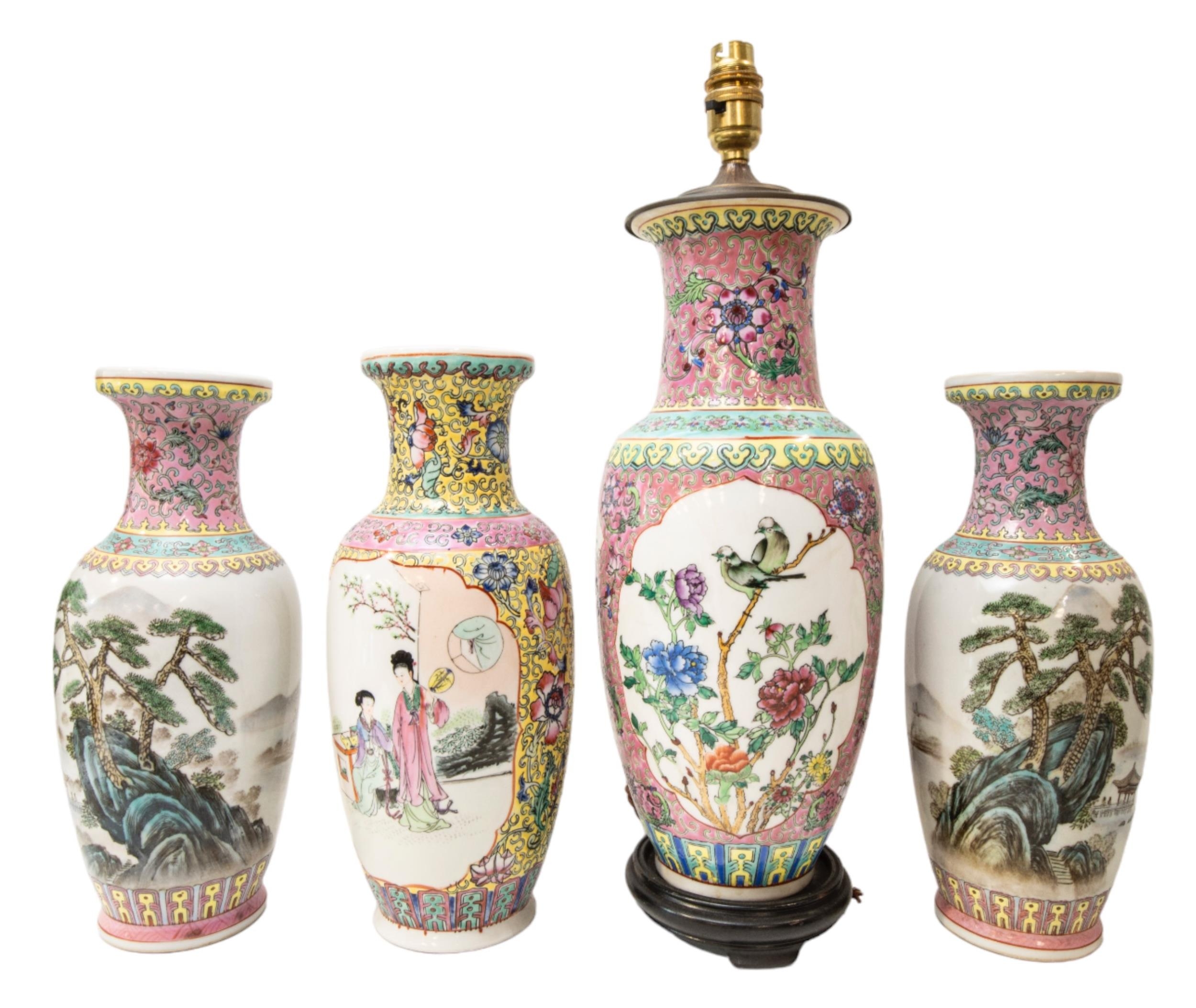 THREE FAMILLE ROSE BALUSTER VASES, REPUBLIC PERIOD AND AN EARLIER FAMILLE ROSE VASE, LATE QING,