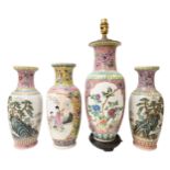 THREE FAMILLE ROSE BALUSTER VASES, REPUBLIC PERIOD AND AN EARLIER FAMILLE ROSE VASE, LATE QING,