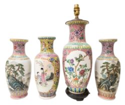 THREE FAMILLE ROSE BALUSTER VASES, REPUBLIC PERIOD AND AN EARLIER FAMILLE ROSE VASE, LATE QING,