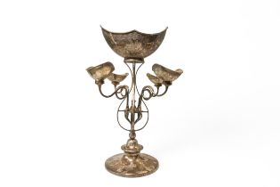 AN OLD SHEFFIELD PLATE EPERGNE Late 18th century, the baskets with bright cut decoration, 47.5cms