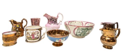 A MIXED GROUP OF 19TH CENTURY LUSTRE GLAZE CERAMICS, the lot including a transfer printed Sunderland