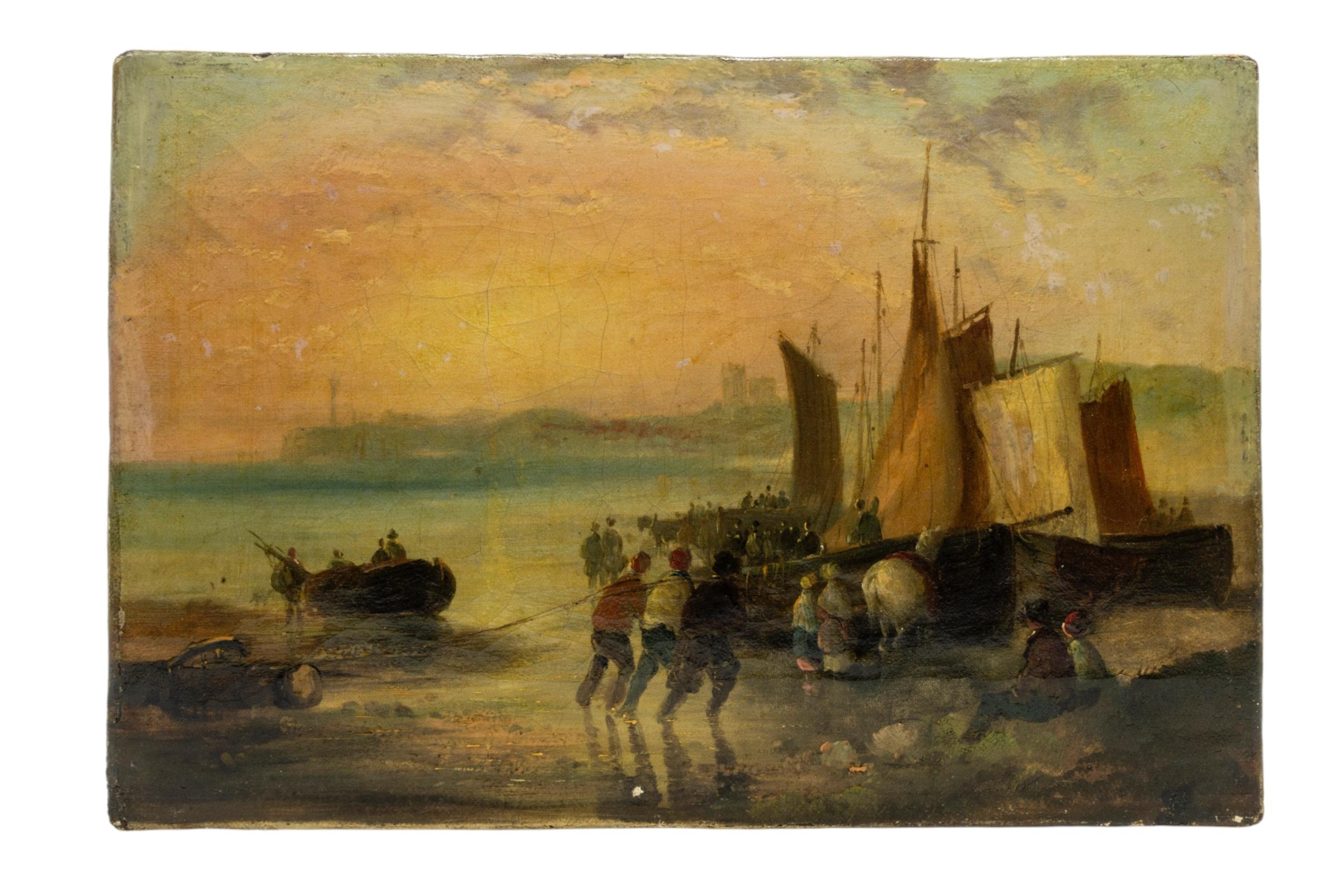 AN OIL PAINTING ON CANVAS, PROBABLY EARLY 19TH CENTURY, depicting fisherman bringing in the catch at