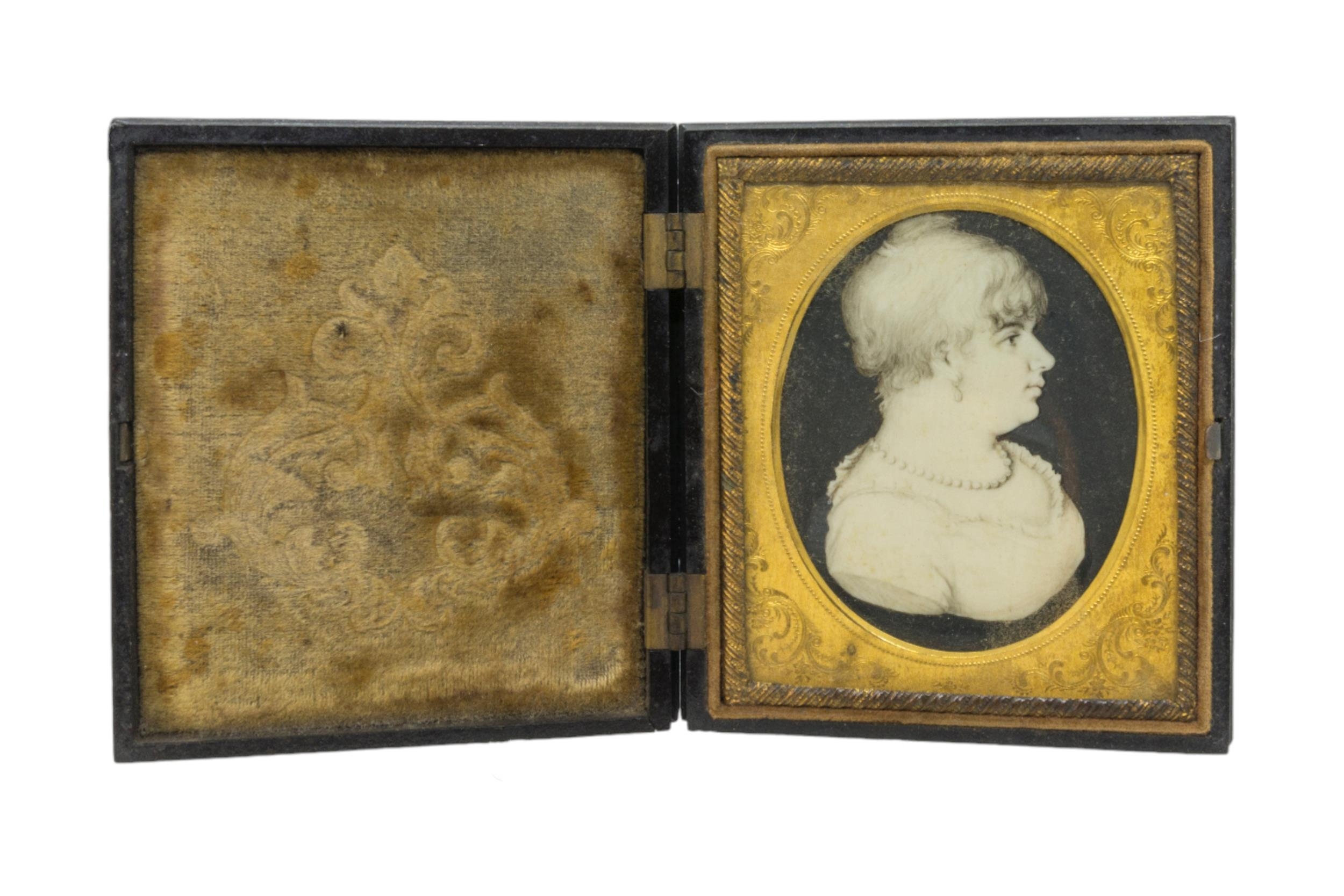 A CASED MINIATURE AND OTHERS 19th century female bust portrait, a tortoise shell box with wax bust - Image 3 of 7