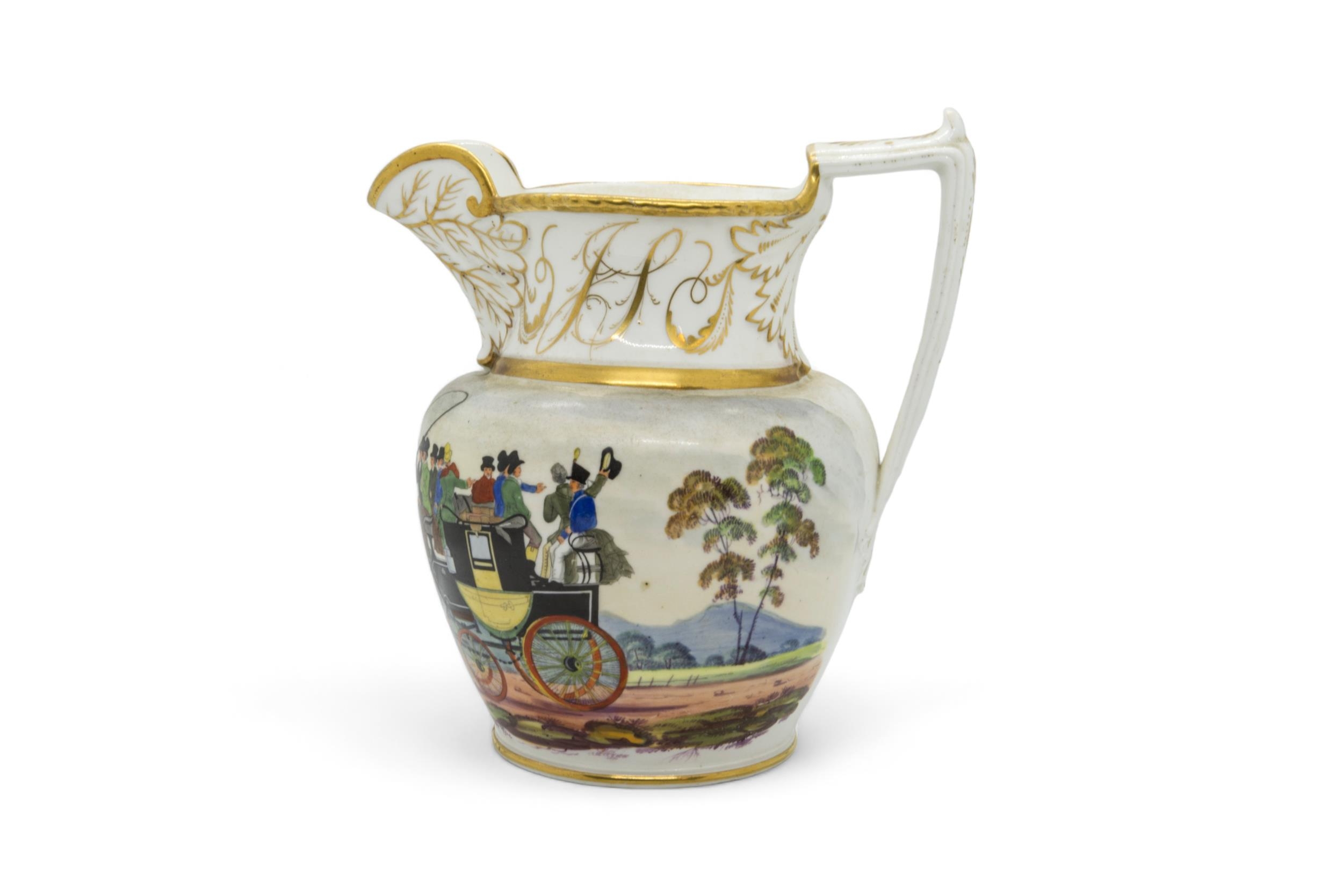 AN EARLY 19TH CENTURY COACHING JUG With gilded monogram, 20cms high