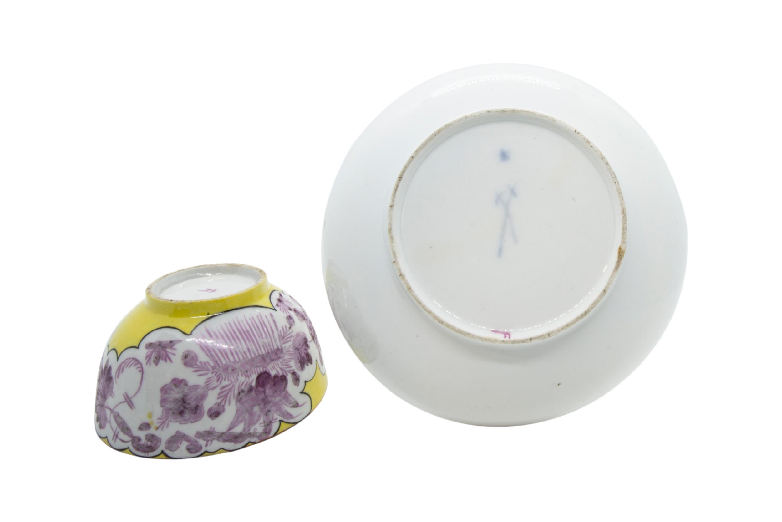 A MEISSEN CHAMBERSTICK AND MEISSEN CUP AND SAUCER, 18TH/19TH CENTURY, the lobed chamberstick painted - Image 2 of 7