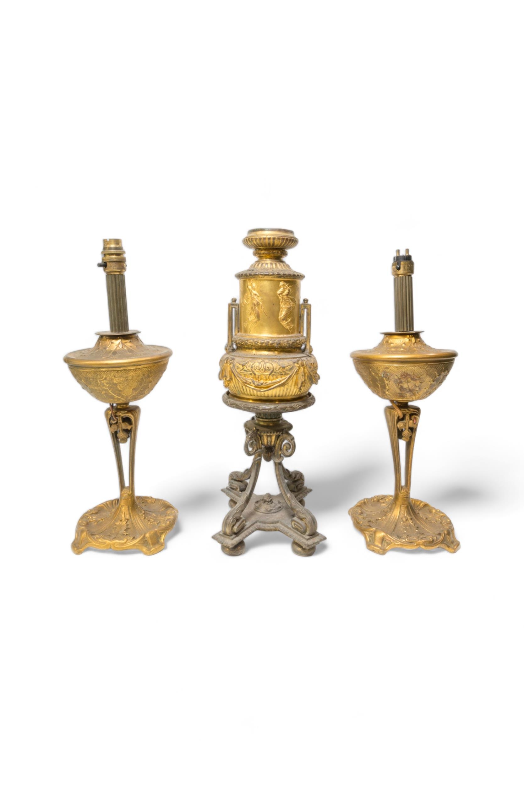 A PAIR OF BRASS OIL LAMP BASES DECORATED WITH HOLLY AND THISTLES, early 20th century and later - Image 2 of 3