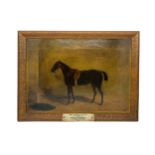 A LATE 19TH CENTURY NAIVE OIL PAINTING OF HORSE IN STABLE, monogrammed C.H and dated 1891 in lower