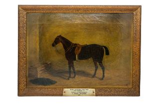 A LATE 19TH CENTURY NAIVE OIL PAINTING OF HORSE IN STABLE, monogrammed C.H and dated 1891 in lower