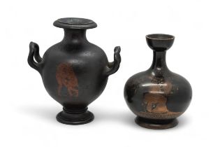 A BASALT ENCAUSTIC DECORATED VASE 18th century, together with a Grand Tour vase, probably by
