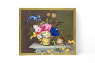 A 19TH CENTURY WORCESTER PLAQUE Painted with basket of flowers on a ledge, with underglaze blue