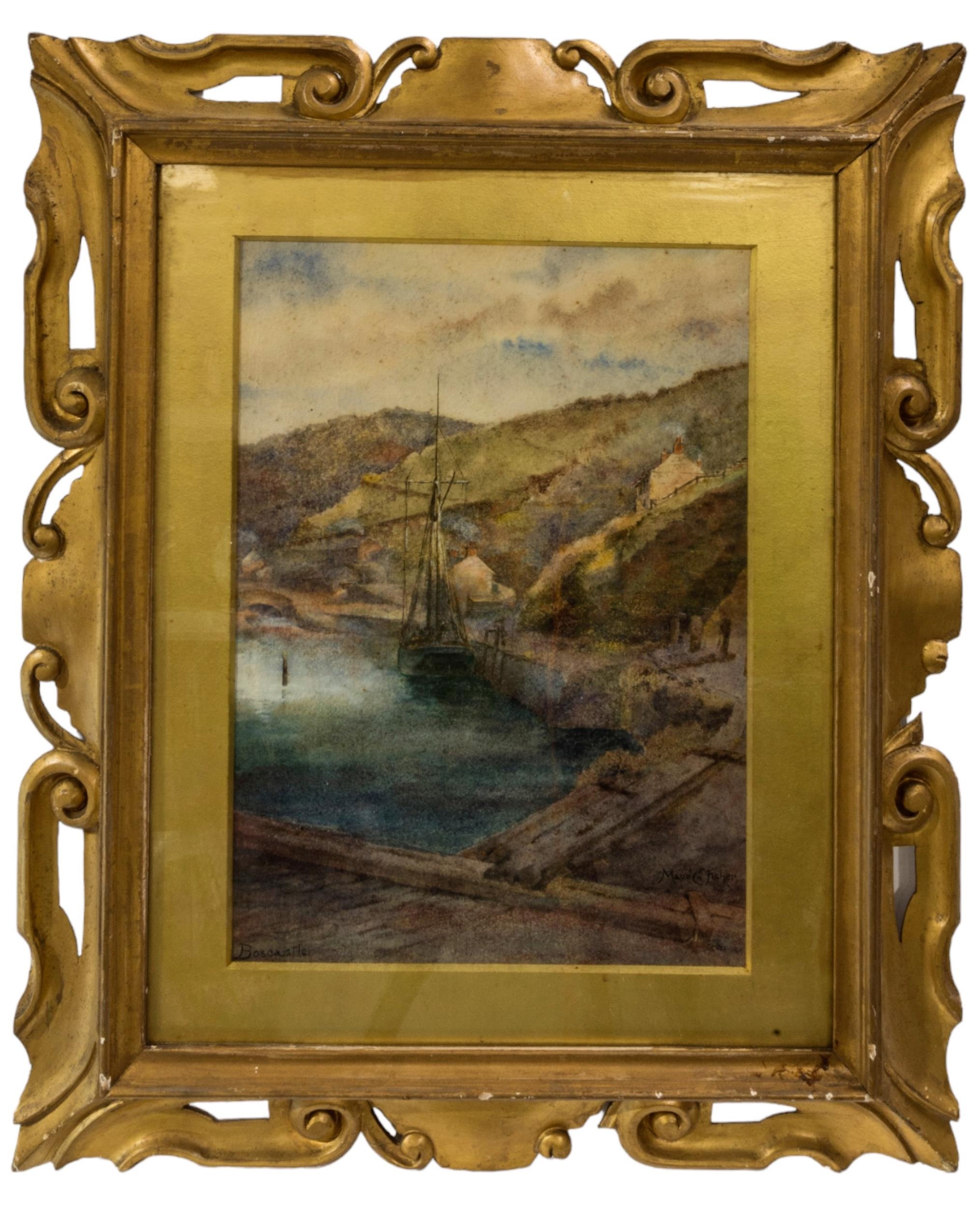 A VINTAGE CORNISH SCENE WATER COLOUR, depicting a ship moored in Boscastle Harbour, bears the