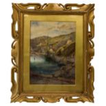 A VINTAGE CORNISH SCENE WATER COLOUR, depicting a ship moored in Boscastle Harbour, bears the