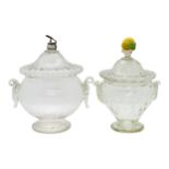 TWO VENETIAN GLASS JARS 18th/19th century, one with fruit finial, the other final broken off,