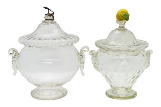 TWO VENETIAN GLASS JARS 18th/19th century, one with fruit finial, the other final broken off,