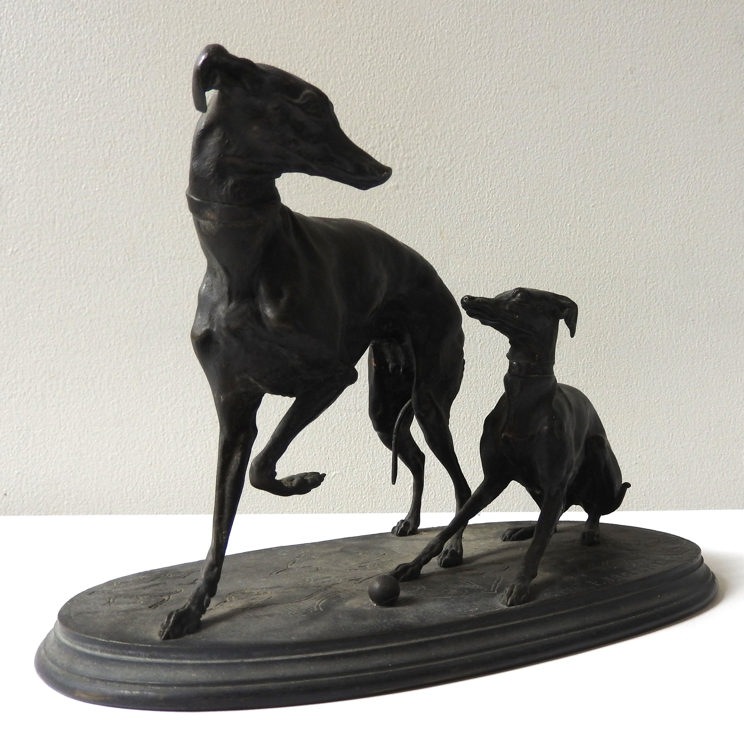 AFTER PIERRE JULES MENE (1810-1879) BRONZE GROUP OF TWO HOUNDS, modelled playing with a ball, raised - Image 2 of 4