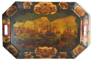 A 19TH CENTURY POLYCHROME PAPIER MACHE TRAY, octagonal form, decorated with a central Bay of