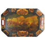 A 19TH CENTURY POLYCHROME PAPIER MACHE TRAY, octagonal form, decorated with a central Bay of