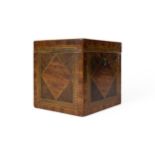 A GEORGE III TEA CADDY OF CUBE FORM, variously inlaid with various woods, each face with a diamond