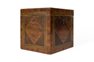 A GEORGE III TEA CADDY OF CUBE FORM, variously inlaid with various woods, each face with a diamond