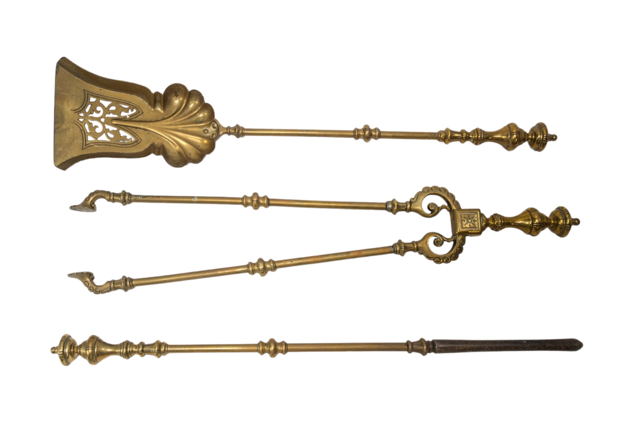 A SET OF 19TH CENTURY BRASS FIRE IRONS, two other sets and two steel sets. - Image 3 of 6