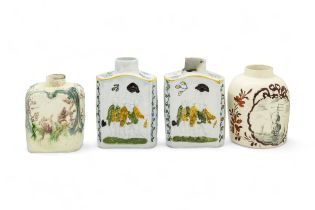 AN 18TH CENTURY WHIELDON TYPE TEA CADDY Together with a Dutch decorated creamware caddy with
