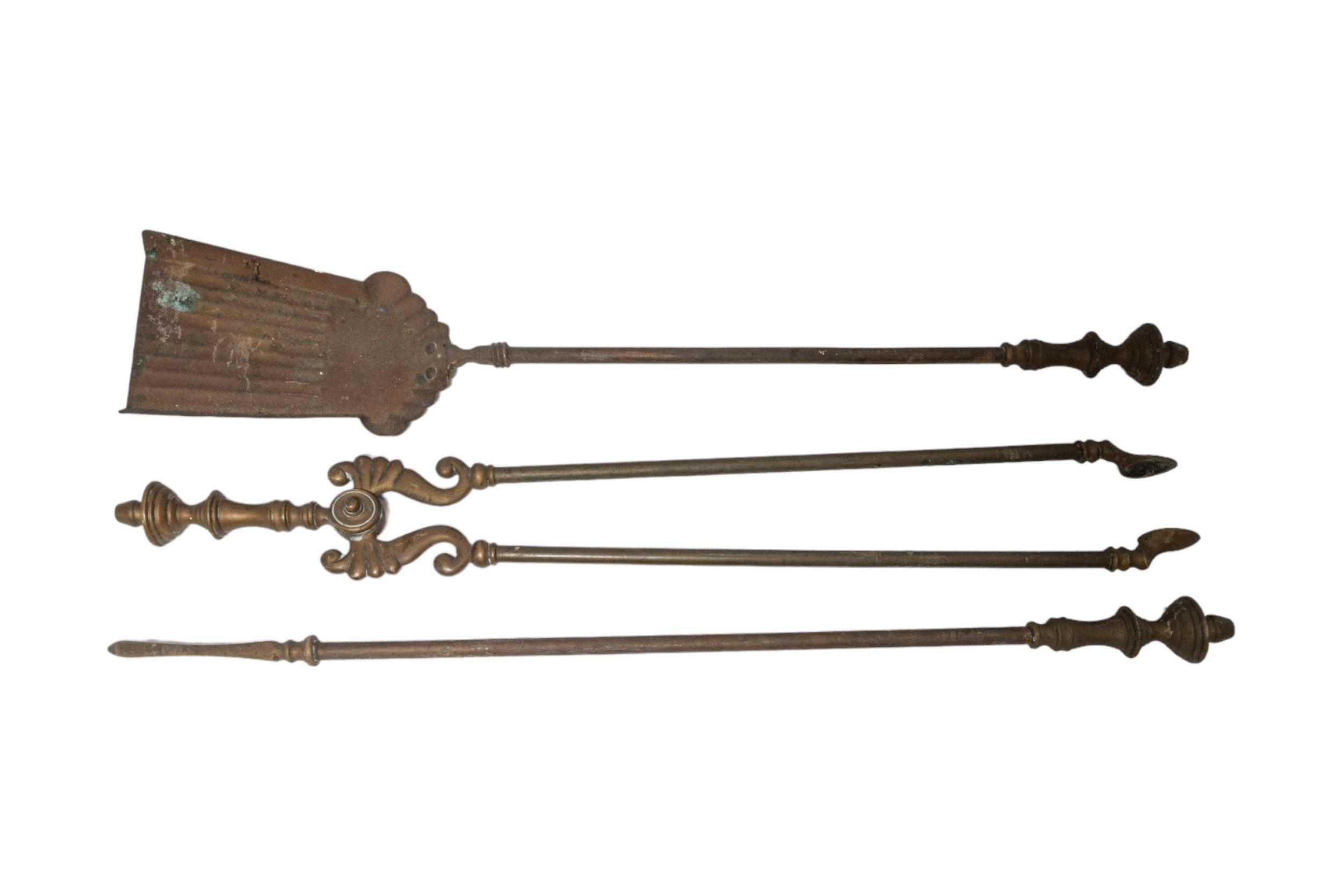 A SET OF 19TH CENTURY BRASS FIRE IRONS, two other sets and two steel sets. - Image 5 of 6