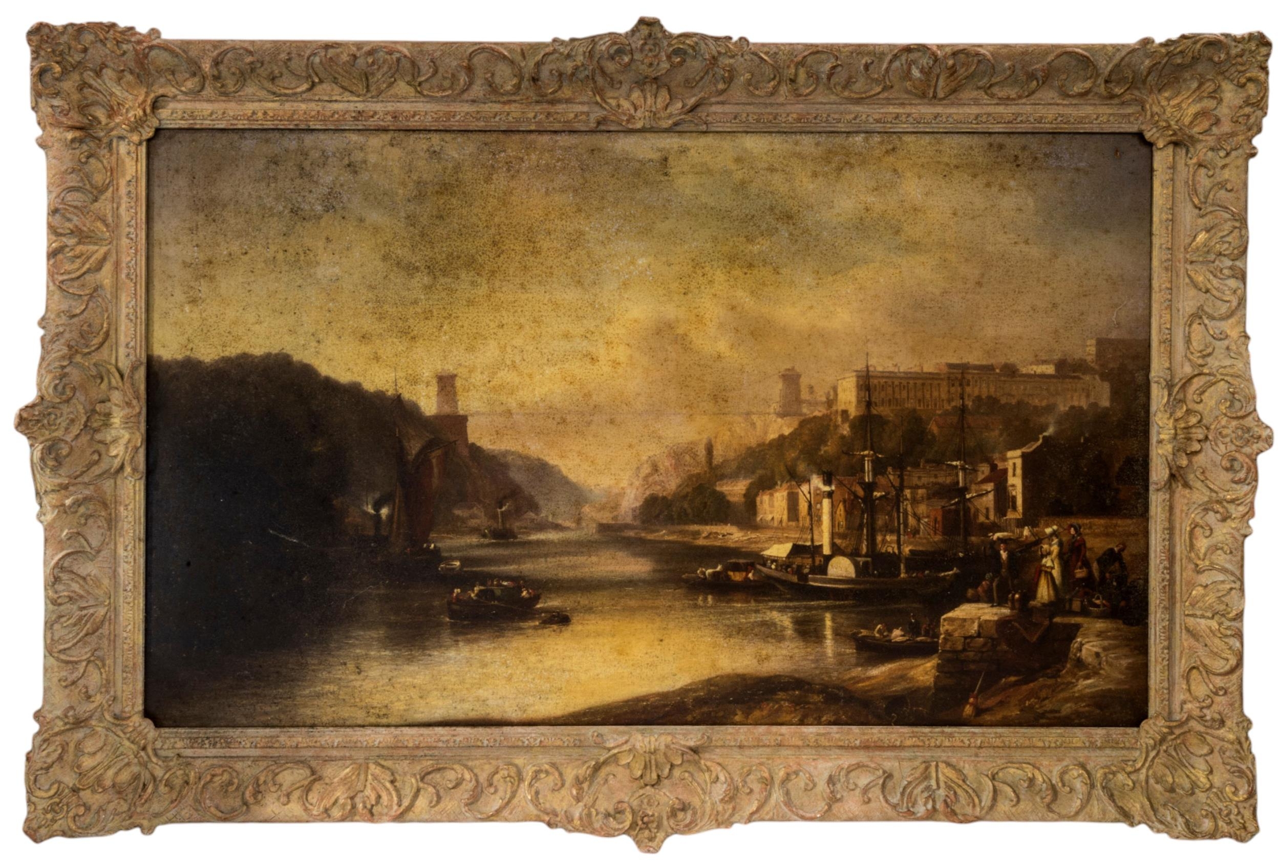 A LARGE OLEOGRAPH ON CANVAS OF THE AVON GORGE, with figures on a quayside waiting to